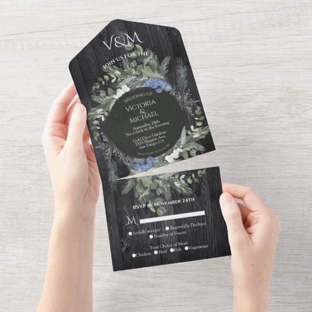 Invitation Tout En Un Mariage Floral & Pin Rustique en Bois Foncé (Déchirure)