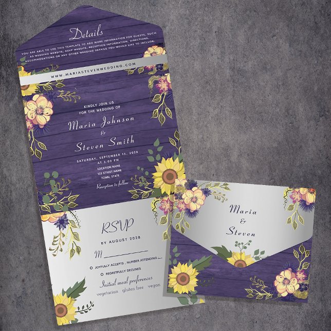 Invitation Tout En Un Mariage Floral Pourpre Bois Rustique (Créateur téléchargé)