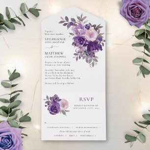 Invitation Tout En Un Mariage floral pourpre et poussiéreux