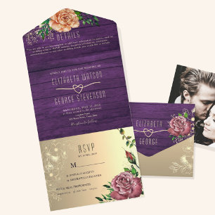 Invitation Tout En Un Mariage Floral Pourpre Rustique