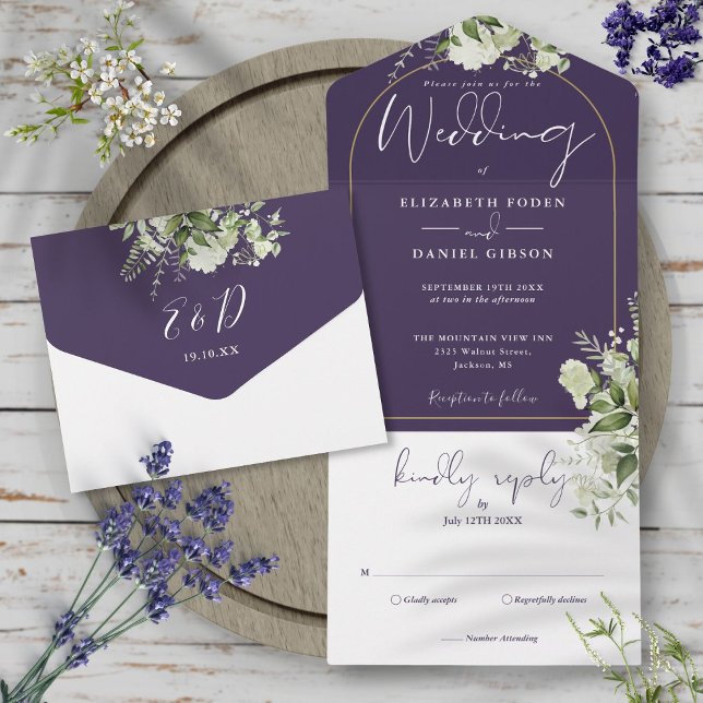 Invitation Tout En Un Mariage Floral Purple Et Arc Or (Greenery Floral Purple And Gold Arch Wedding All In One Invitation)
