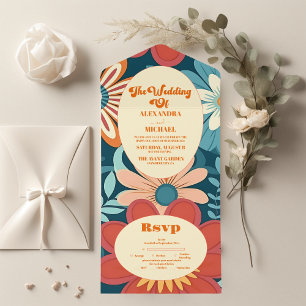 Invitation Tout En Un Mariage Floral Rétro des Années Soixante-Dix