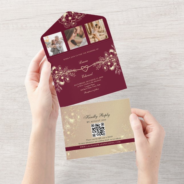 Invitation Tout En Un Mariage floral romantique de Bourgogne (Déchirure)