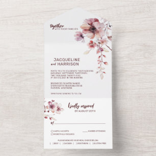 Invitation Tout En Un Mariage floral romantique de Bourgogne et de Blush
