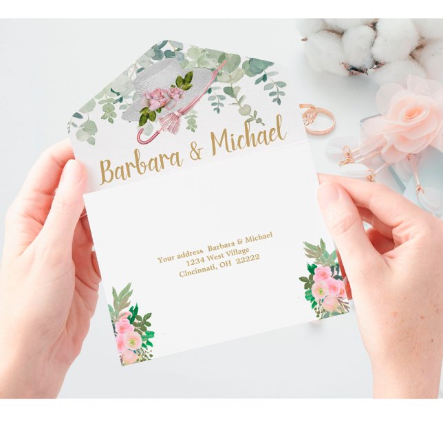 Invitation Tout En Un Mariage floral romantique en or rose (Créateur téléchargé)