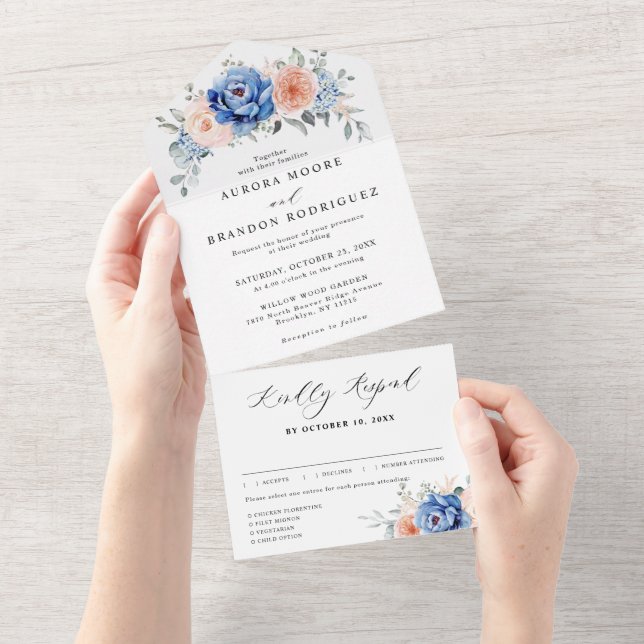 Invitation Tout En Un Mariage floral rose bleu marine (Déchirure)