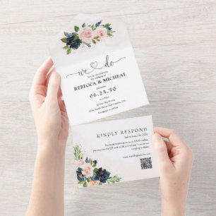 Invitation Tout En Un Mariage floral rose bleu marine et bleu