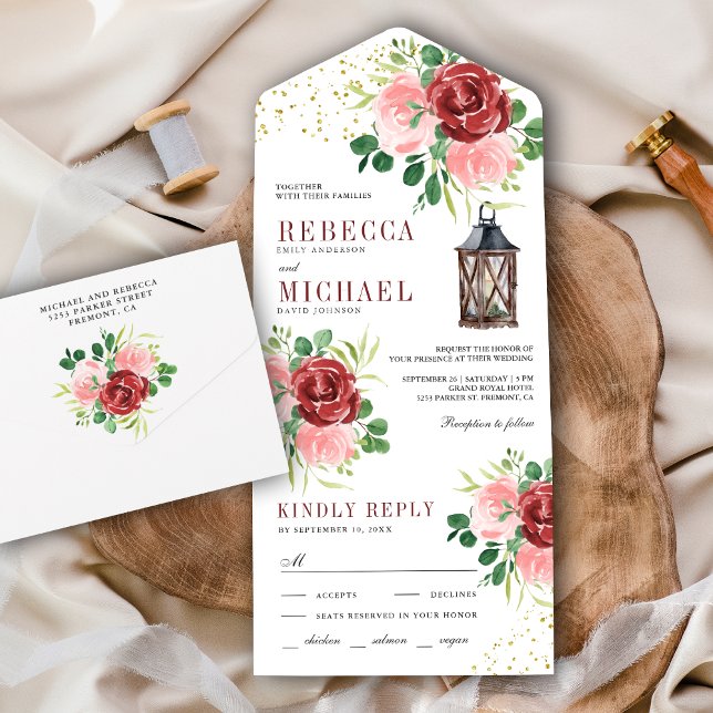 Invitation Tout En Un Mariage floral rose et bordeaux (Créateur téléchargé)