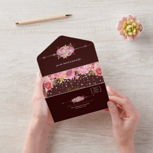 Invitation Tout En Un Mariage floral rose et diamant or