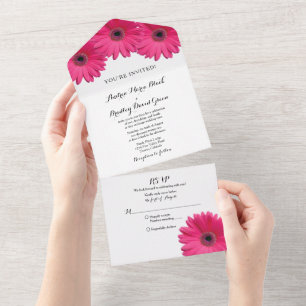 Invitation Tout En Un Mariage floral rose Gerbera Daisy RSVP
