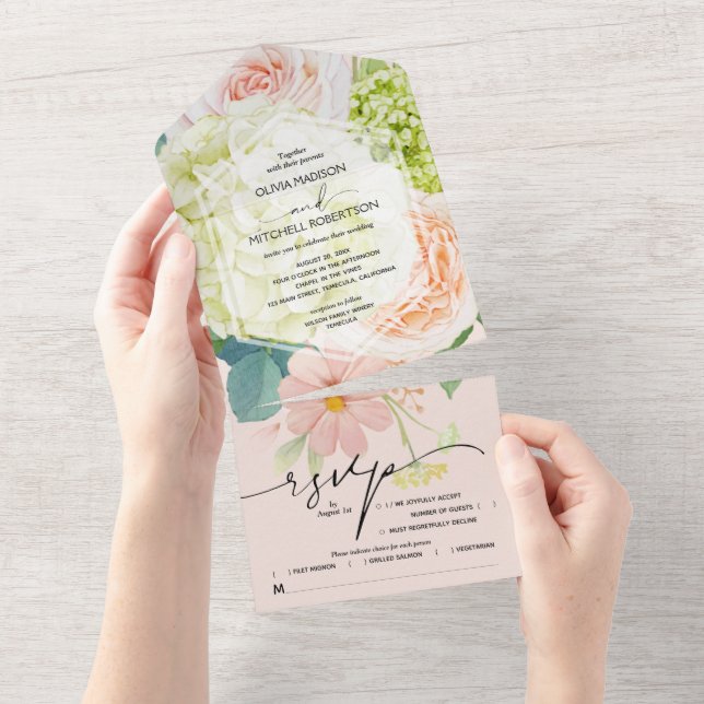 Invitation Tout En Un Mariage floral rose pâle (Déchirure)