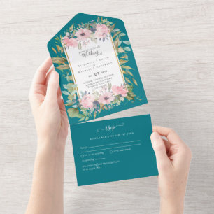 Invitation Tout En Un MARIAGE floral rose pâle