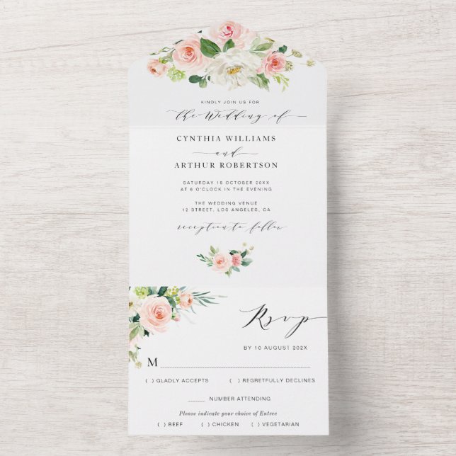 Invitation Tout En Un mariage floral rose pâle et blanc (À l'intérieur)