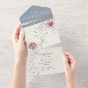 Invitation Tout En Un Mariage Floral Rose Pâle et Bleu Poussiéreux