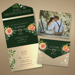 Invitation Tout En Un Mariage Floral Rose Péché Émeraude