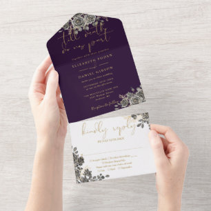 Invitation Tout En Un Mariage Floral Roses Violet Et Or Gothique