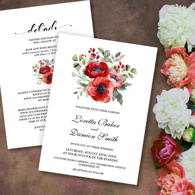 Invitation Tout en un Mariage Floral Rouge (Créateur téléchargé)
