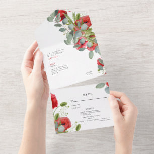 Invitation Tout En Un Mariage floral rouge eucalyptus vibrant