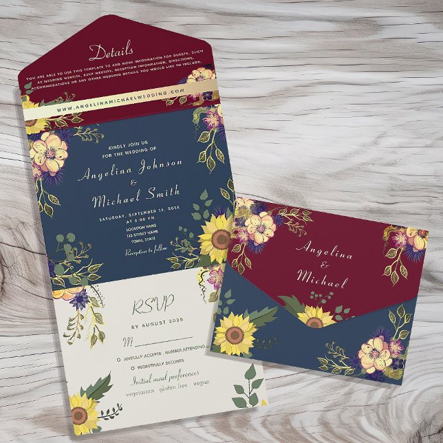 Invitation Tout En Un Mariage floral rustique de la marine et de la Bour (Créateur téléchargé)