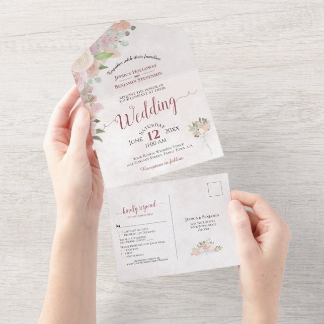 Invitation Tout En Un Mariage floral Rustique Dusty Rose (Déchirure)