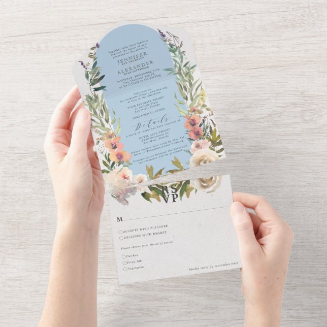 Invitation Tout En Un Mariage floral rustique en poudre (Déchirure)