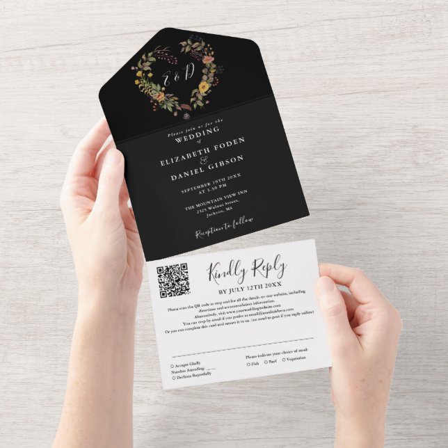 Invitation Tout En Un Mariage Floral Rustique Moderne Code QR (Déchirure)