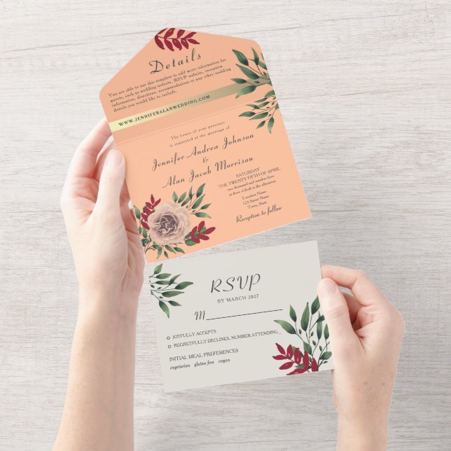 Invitation Tout En Un Mariage Floral Rustique Peach Fuzz (Déchirure)