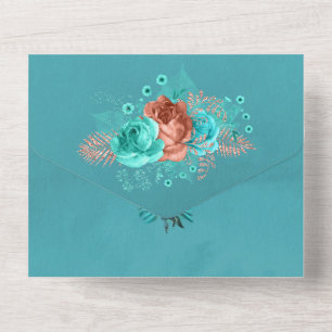 Invitation Tout En Un Mariage Floral Rustique Turquoise et Corail