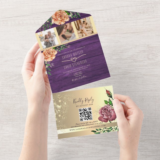 Invitation Tout En Un Mariage Floral Rustique Violet (Déchirure)