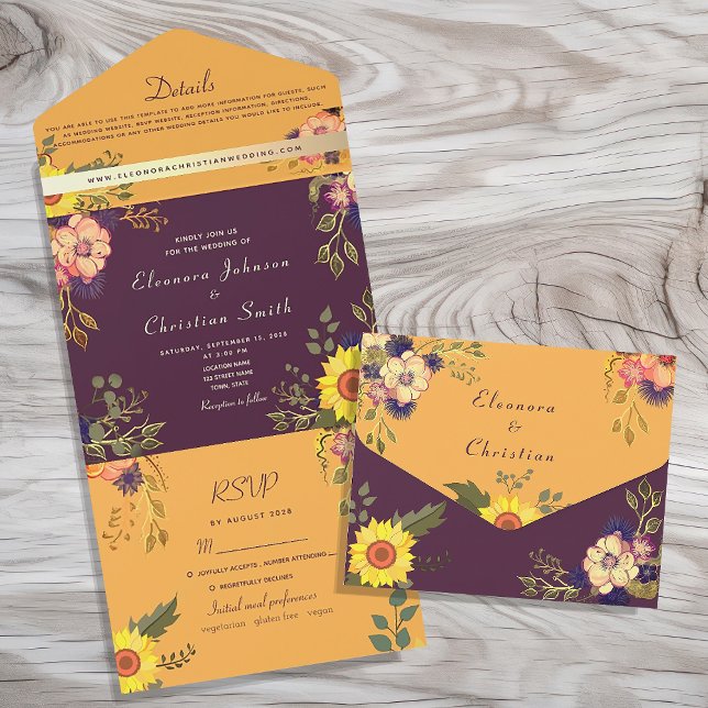 Invitation Tout En Un Mariage Floral Rustique Violet Jaune (Créateur téléchargé)