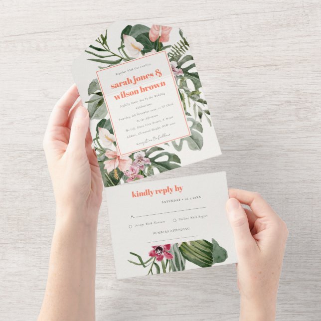 Invitation Tout En Un Mariage floral tropical vibrant Peach Blush Boho (Déchirure)
