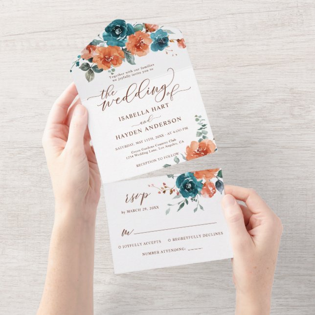 Invitation Tout En Un Mariage Floral Turquoise Brûlé Tout en un RSVP (Déchirure)