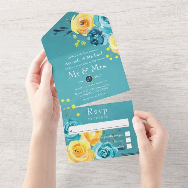 Invitation Tout En Un Mariage floral turquoise et jaune (Déchirure)