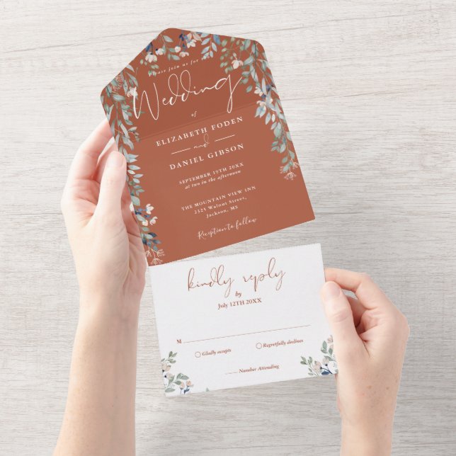 Invitation Tout En Un Mariage Floral Végétal Terracotta Script (Déchirure)