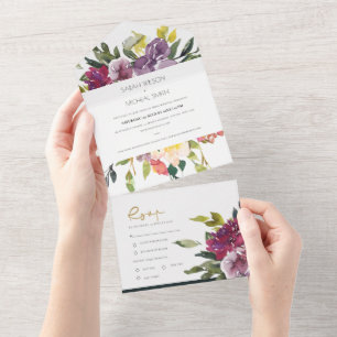 INVITATION TOUT EN UN MARIAGE FLORAL VERT CITRON ROSE POURPRE BOURGOGNE