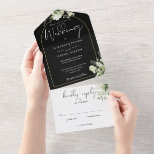 Invitation Tout En Un Mariage Floral Vert et Or Arch Noir