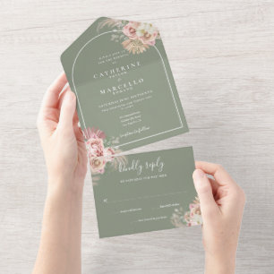 Invitation Tout En Un Mariage floral vert sauge avec arche en herbe de P