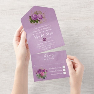 Invitation Tout En Un Mariage floral Vintage violet et or
