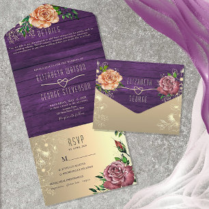Invitation Tout En Un Mariage Floral violet en bois rustique