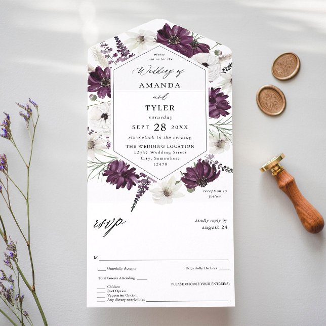 Invitation Tout En Un Mariage floral violet et blanc (Créateur téléchargé)