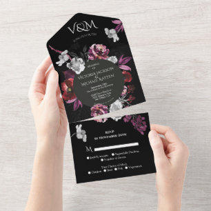 Invitation Tout En Un Mariage Floral Violet Foncé Élégant et Sombre