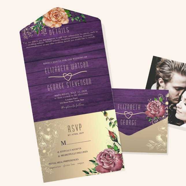 Invitation Tout En Un Mariage floral violet rustique (Créateur téléchargé)