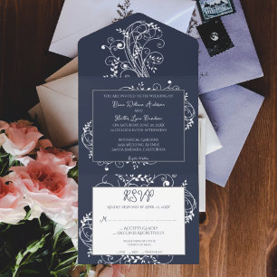 Invitation Tout En Un Mariage Florissant bleu de la marine tout en une i