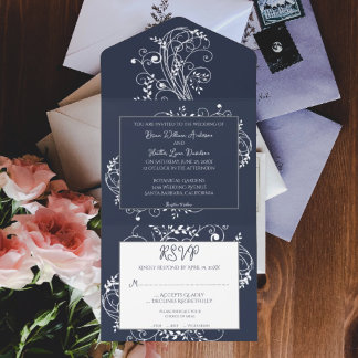 Invitation Tout En Un Mariage Florissant bleu de la marine tout en une i