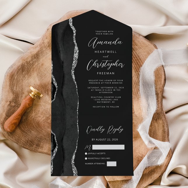 Invitation Tout En Un Mariage foncé en argent noir Agate (Créateur téléchargé)