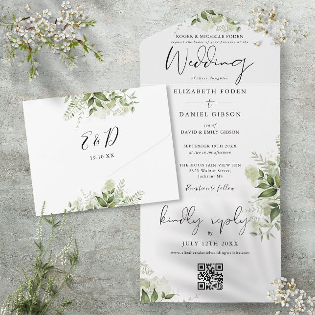 Invitation Tout En Un Mariage Formel Code QR Noir et Blanc Floral (Floral Black And White QR Code Formal Wedding All In One Invitation)