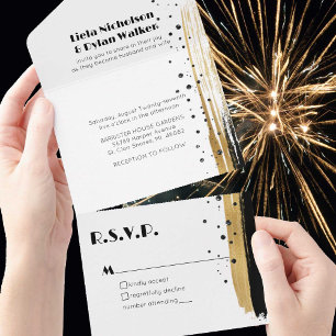 Invitation Tout En Un Mariage frontalier moderne Black Gold Paint