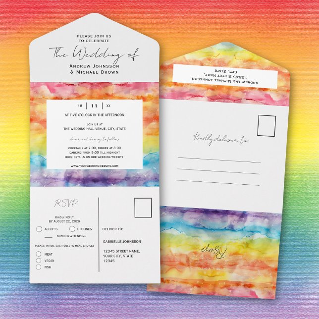 Invitation Tout En Un Mariage Gay Arc-en-ciel Dégradé Aquarelle Brillant (Créateur téléchargé)