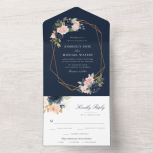 Invitation Tout En Un Mariage géométrique de la marine et des fleurs rou