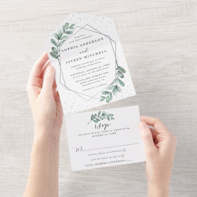Invitation Tout En Un Mariage géométrique Eucalyptus à huile d'argent (Déchirure)